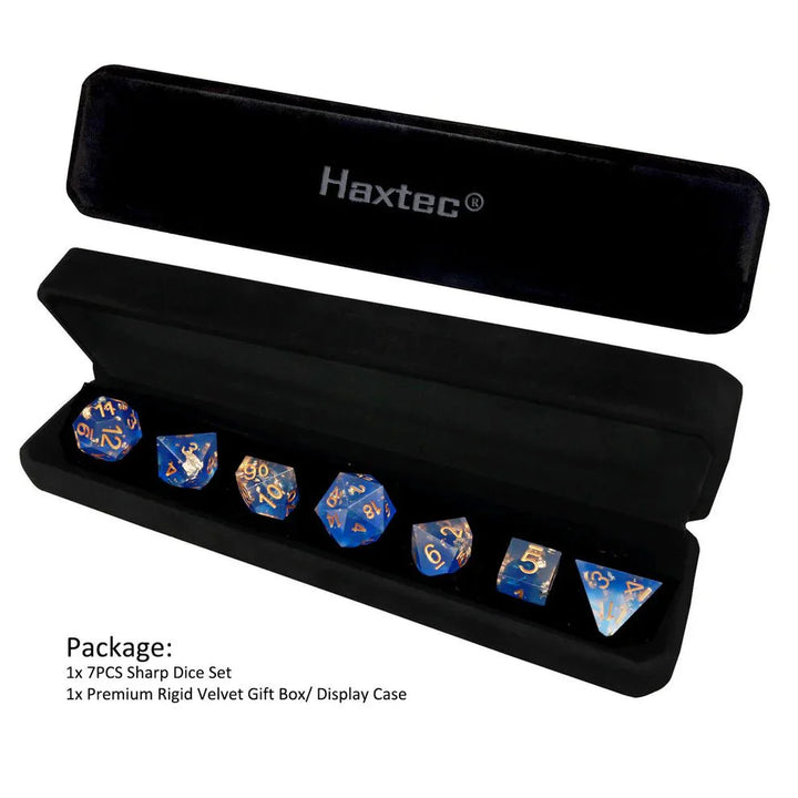 Sharp Edge: Blue Clear Gold Foil Dice Set by Haxtec