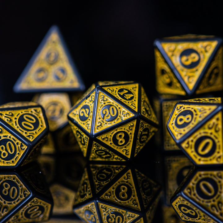 Temple Ruins Yellow Acrylic Dice Set by Misty Mountain Gaming