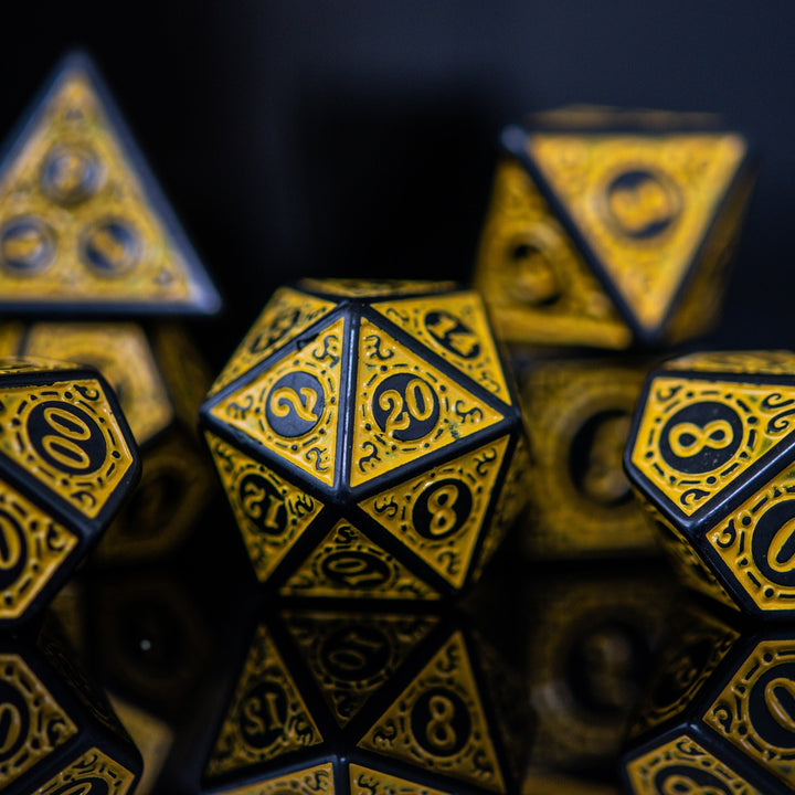 Temple Ruins Yellow Acrylic Dice Set by Misty Mountain Gaming