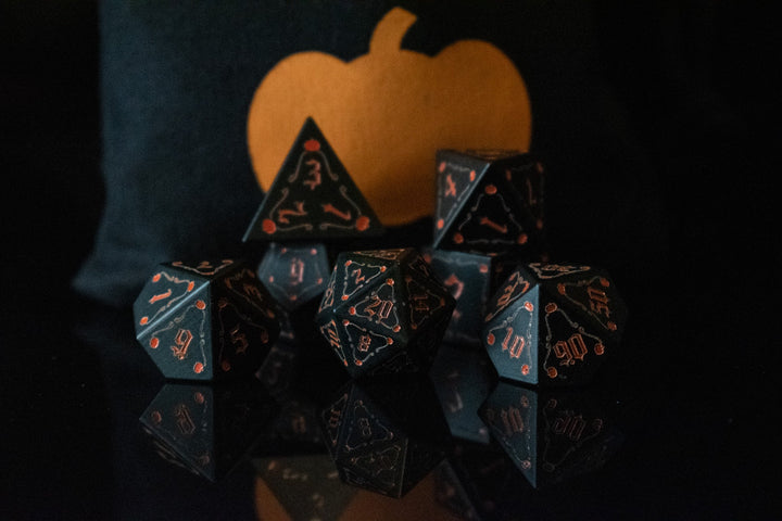 The Pumpkin Aluminum Metal Dice Set by Misty Mountain Gaming