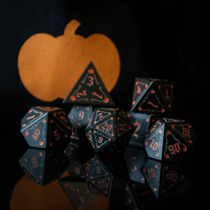 The Pumpkin Aluminum Metal Dice Set by Misty Mountain Gaming