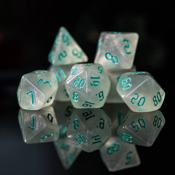 Unicorn Tears (Aqua) Acrylic Dice Set by Misty Mountain Gaming