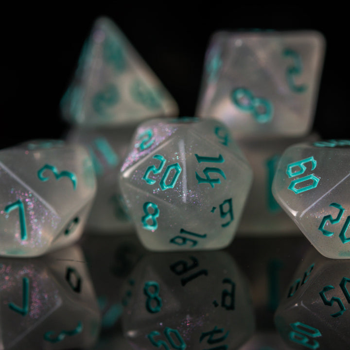 Unicorn Tears (Aqua) Acrylic Dice Set by Misty Mountain Gaming