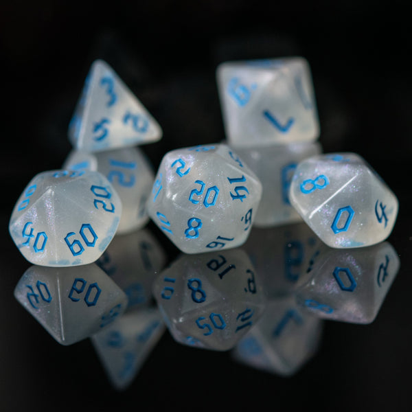 Unicorn Tears (Blue) Acrylic Dice Set by Misty Mountain Gaming