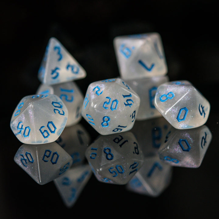 Unicorn Tears (Blue) Acrylic Dice Set by Misty Mountain Gaming