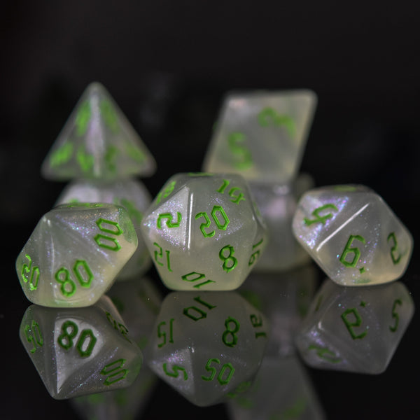 Unicorn Tears (Green) Acrylic Dice Set by Misty Mountain Gaming