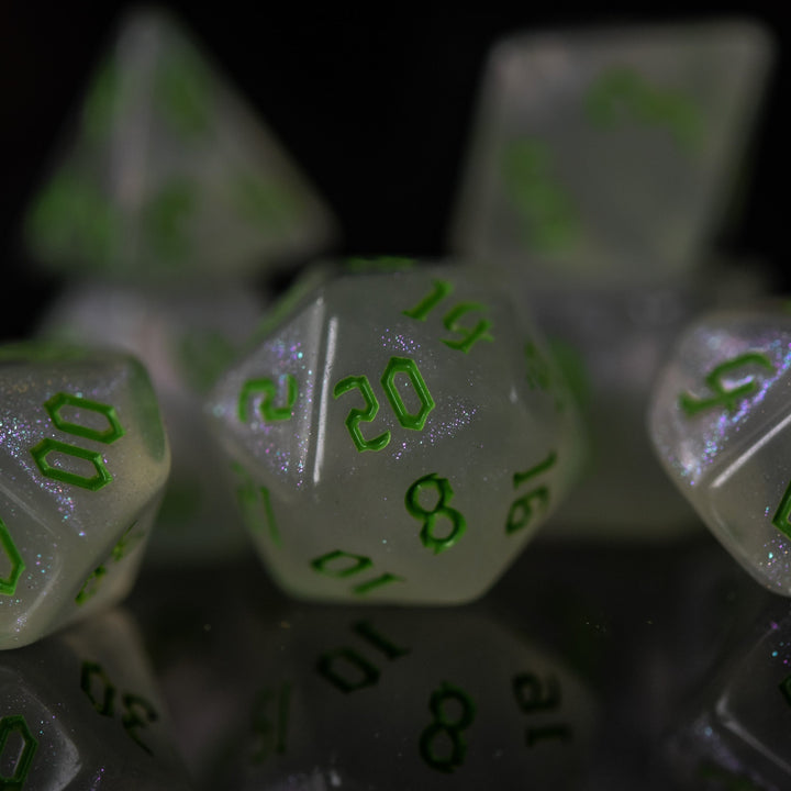 Unicorn Tears (Green) Acrylic Dice Set by Misty Mountain Gaming