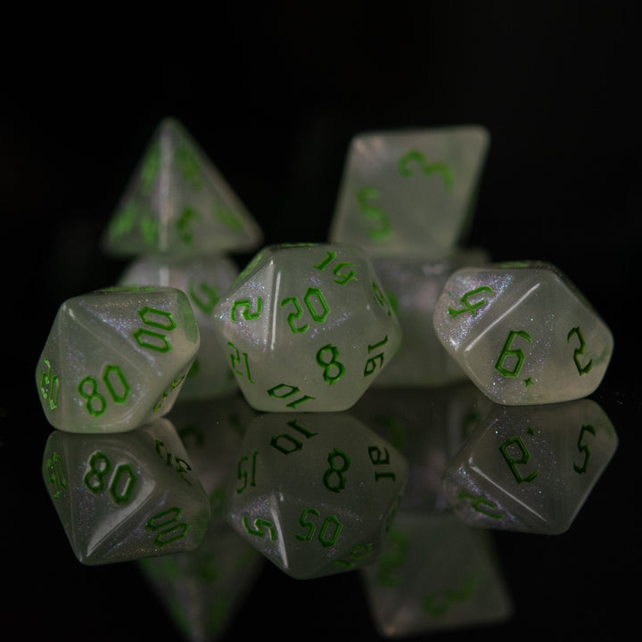 Unicorn Tears (Green) Acrylic Dice Set by Misty Mountain Gaming