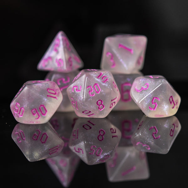 Unicorn Tears (Pink) Acrylic Dice Set by Misty Mountain Gaming