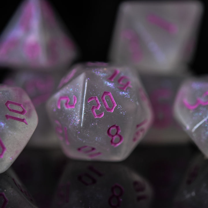 Unicorn Tears (Pink) Acrylic Dice Set by Misty Mountain Gaming