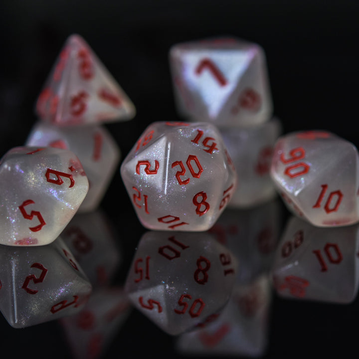 Unicorn Tears (Red) Acrylic Dice Set by Misty Mountain Gaming