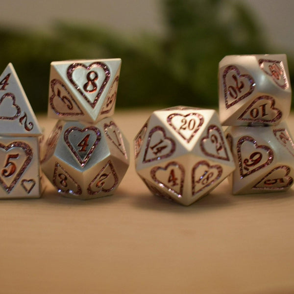 Valentine Pink and Silver Heart Metal Dice Set by Misty Mountain Gaming