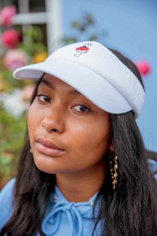 Visor In White With Embroidered Bro Shroom by Dreambutdonotsleep