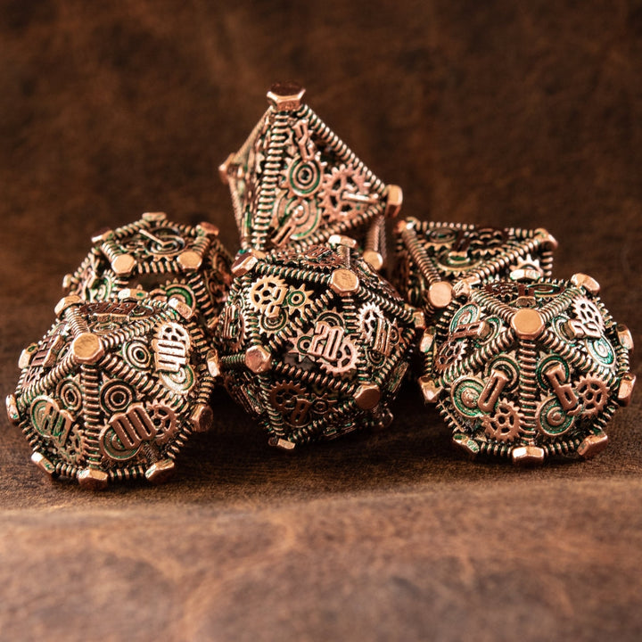 Weird West Wasteland Hollow Metal Dice Set - Green and Bronze by Misty Mountain Gaming