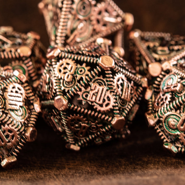 Weird West Wasteland Hollow Metal Dice Set - Green and Bronze by Misty Mountain Gaming