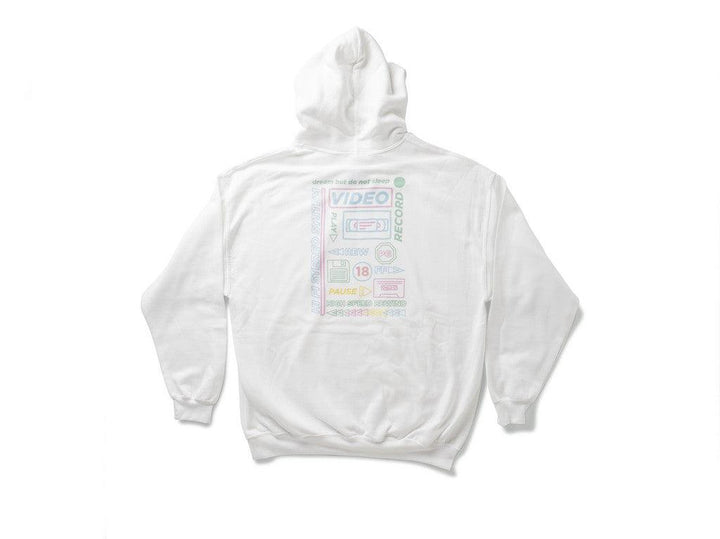 White Cotton Hoodie With Printed 80's VHS Design by Dreambutdonotsleep