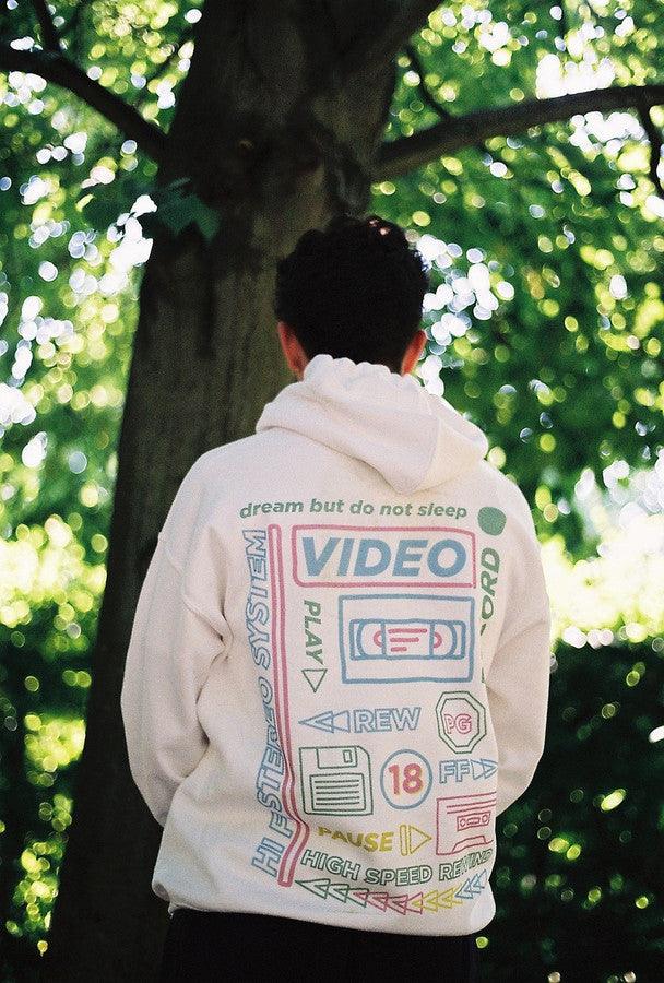 White Cotton Hoodie With Printed 80's VHS Design by Dreambutdonotsleep