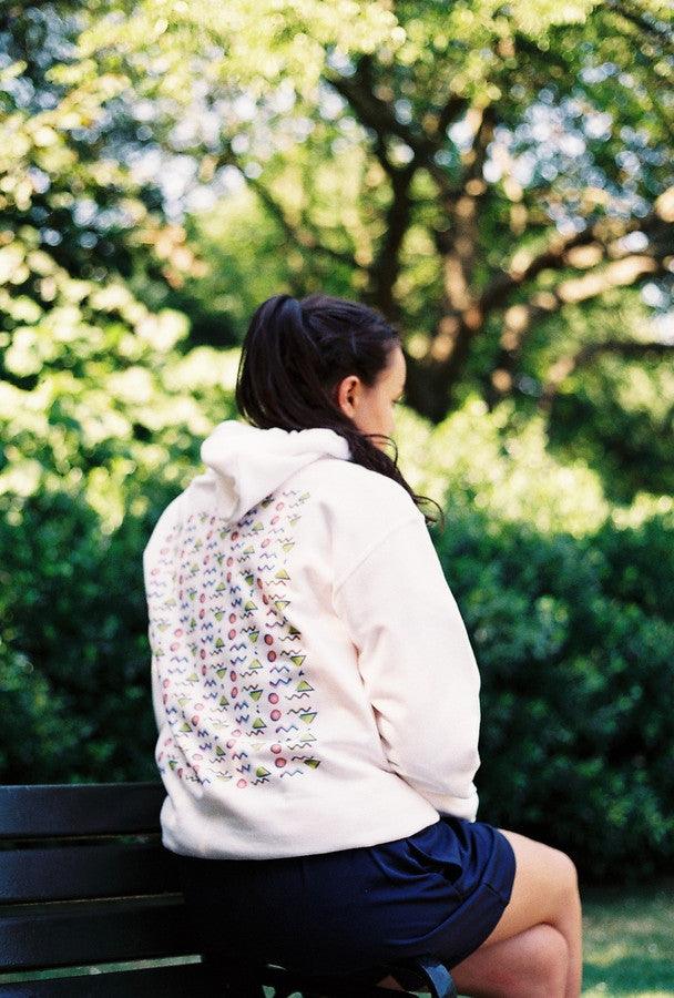 White Hoodie With 80's Geometric Design by Dreambutdonotsleep