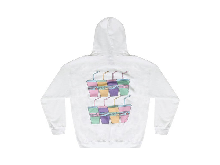 White Hoodie With Printed Sluurpee Design by Dreambutdonotsleep