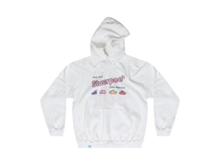 White Hoodie With Printed Sluurpee Design by Dreambutdonotsleep