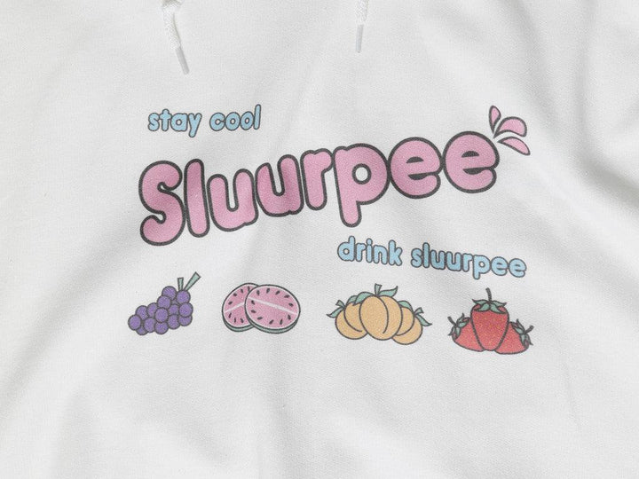 White Hoodie With Printed Sluurpee Design by Dreambutdonotsleep