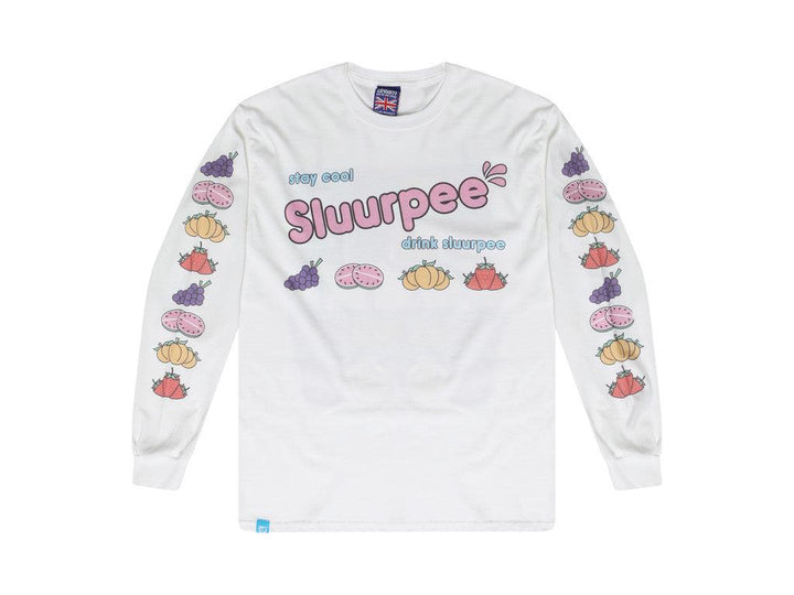 White Long Sleeved T-shirt With Printed Sluurpee Design by Dreambutdonotsleep