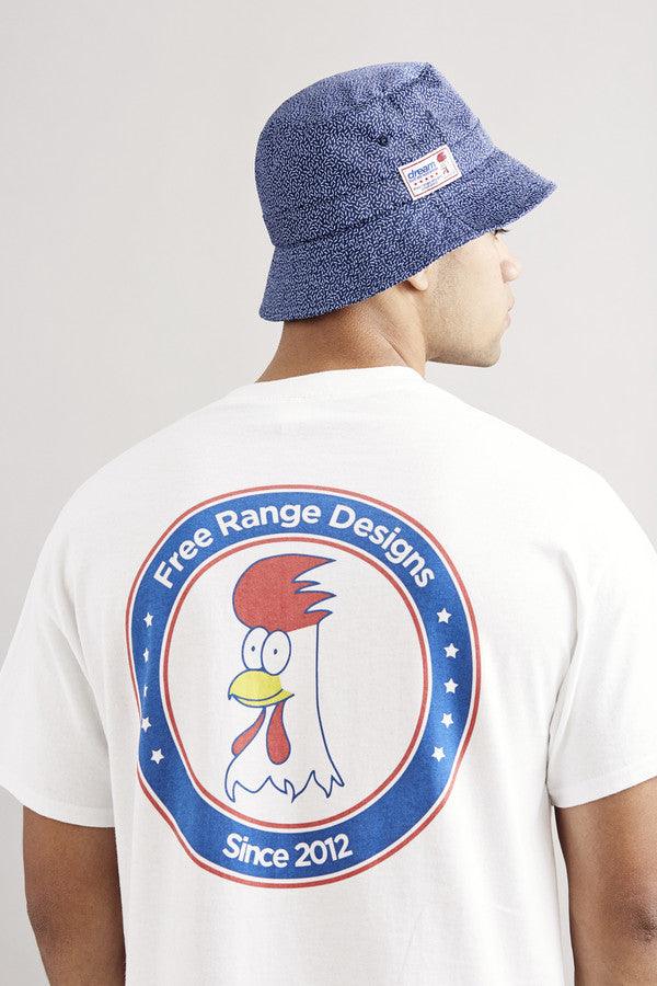 White Short Sleeved T-Shirt With Free Range Chicken Shop Print by Dreambutdonotsleep