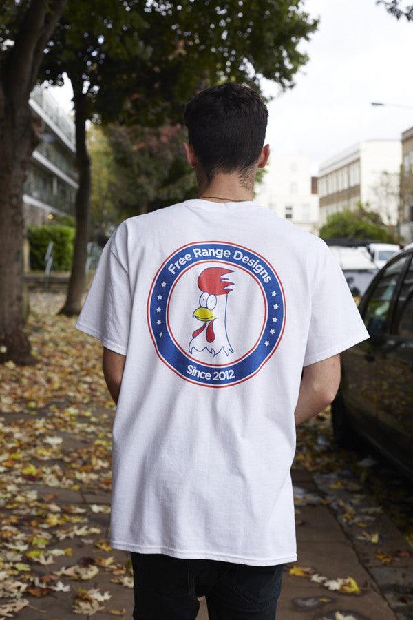 White Short Sleeved T-Shirt With Free Range Chicken Shop Print by Dreambutdonotsleep