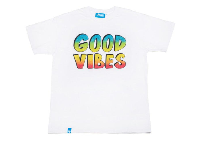 White Short Sleeved T-shirt With Good Vibes Print by Dreambutdonotsleep