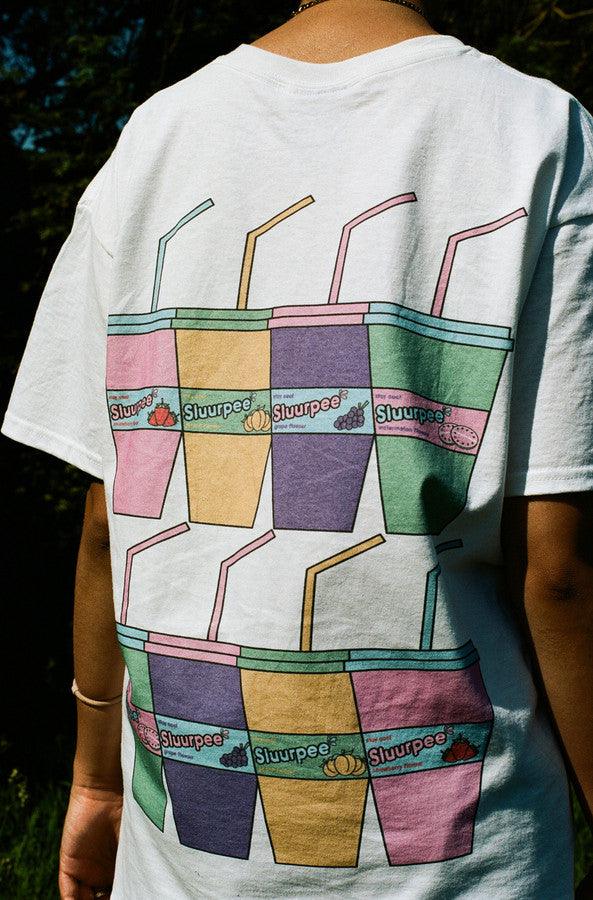 White Short Sleeved T-shirt With Sluurpee Design by Dreambutdonotsleep