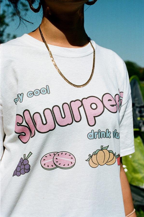 White Short Sleeved T-shirt With Sluurpee Design by Dreambutdonotsleep