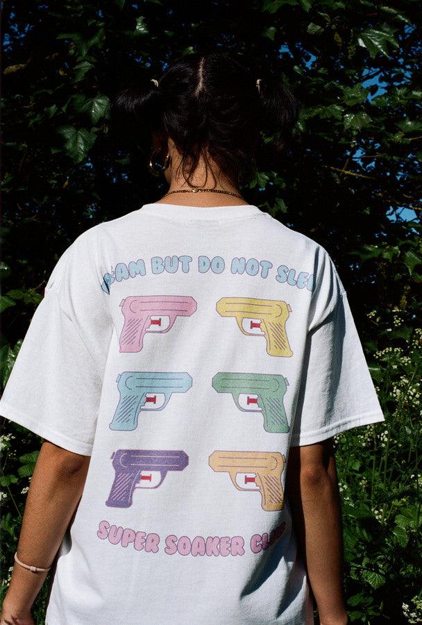 White Short Sleeved T-shirt  With Super Soaker Print by Dreambutdonotsleep