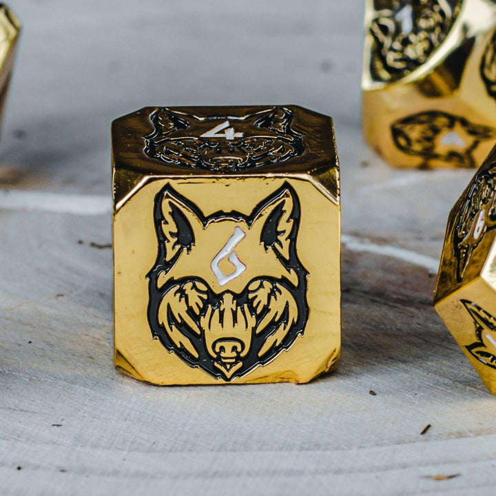 Wolves' Den White, Black, and Gold Metal Dice Set by Misty Mountain Gaming