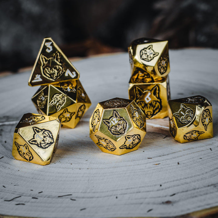 Wolves' Den White, Black, and Gold Metal Dice Set by Misty Mountain Gaming