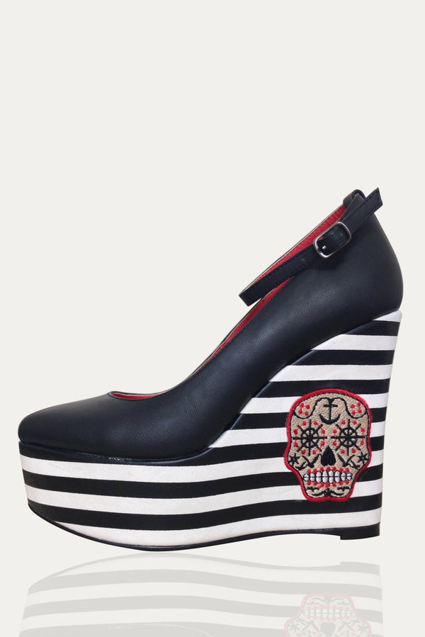 Banned Apparel - White Stripes Wedge Pump Navy Skull by Banned Apparel