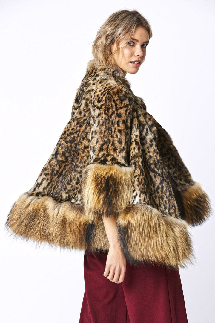 Amelia Animal Print Mocha Fox Fur Cape Coat-2