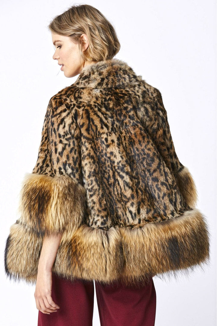 Amelia Animal Print Mocha Fox Fur Cape Coat-4