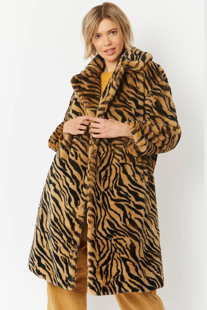 Animal Print Faux Fur Midi Shaved Shearling Coat-0