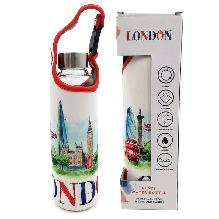 Reusable 500ml Glass Water Bottle with Protective Neoprene Sleeve - London Icons BOT193-0