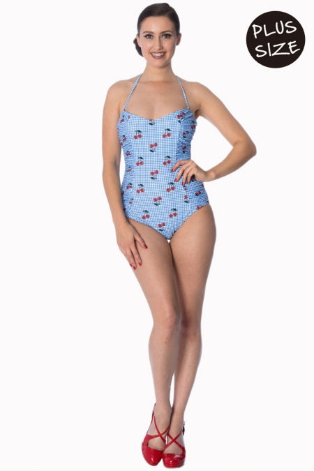 Banned Apparel - Cherry Love Halter Blue Swimsuit Plus Size - napoleonshousecleaning Husinec