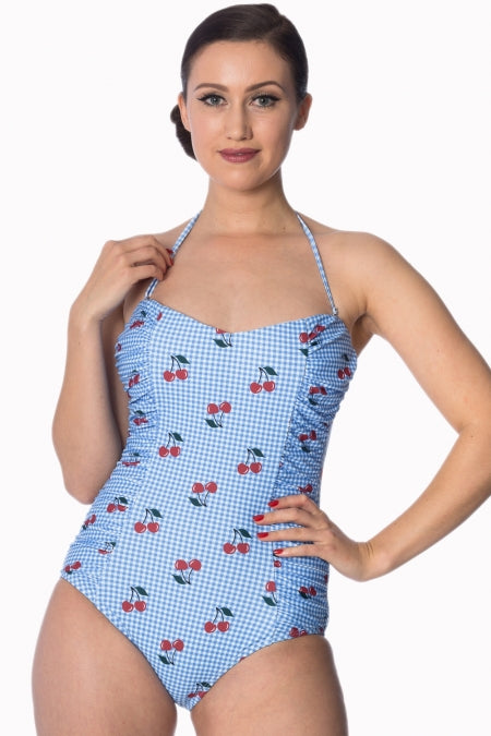 Banned Apparel - Cherry Love Halter Blue Swimsuit Plus Size - napoleonshousecleaning Husinec