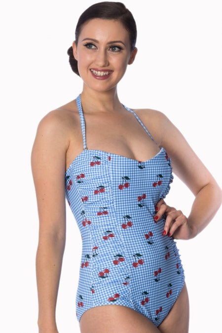 Banned Apparel - Cherry Love Halter Blue Swimsuit Plus Size - napoleonshousecleaning Husinec