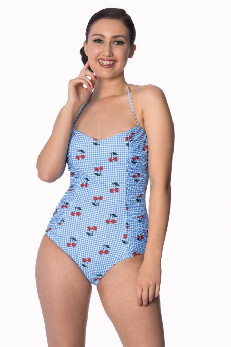 Banned Apparel - Cherry Love Halter Blue Swimsuit Plus Size - napoleonshousecleaning Husinec