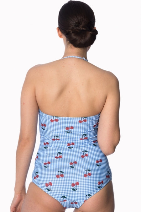 Banned Apparel - Cherry Love Halter Blue Swimsuit Plus Size - napoleonshousecleaning Husinec