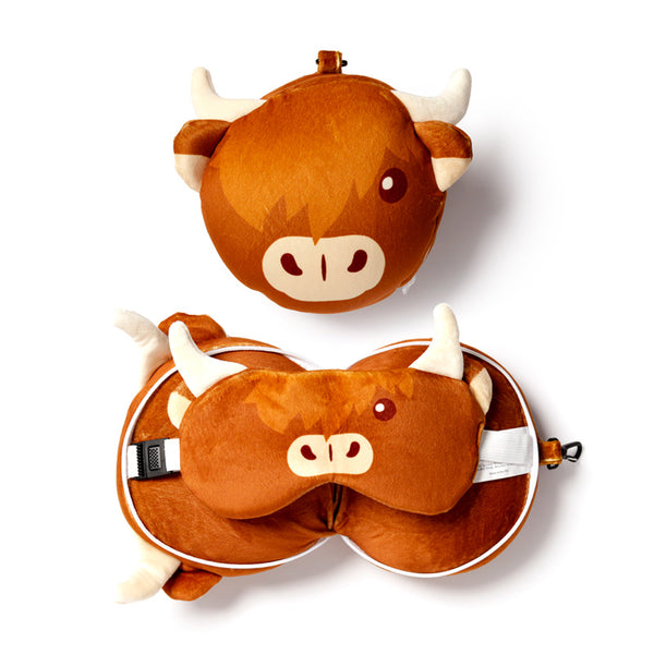 Highland Coo Cow Relaxeazzz Plush Round Travel Pillow & Eye Mask Set CUSH262 by Puckator