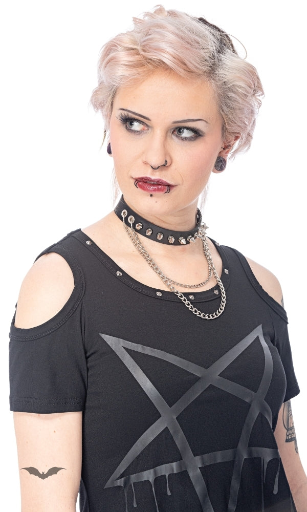 Queen of Darkness - Choker with studs and 2 chains, adjustab