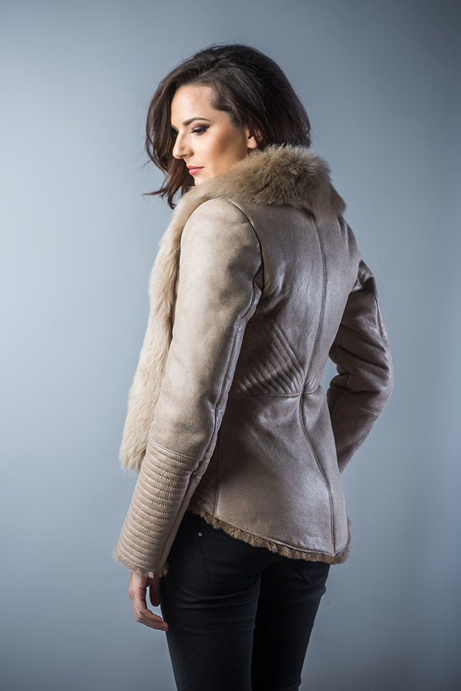 Beige Lamb Nappa Leather Jacket with Merino Fur Collar by Buy Me Fur Ltd