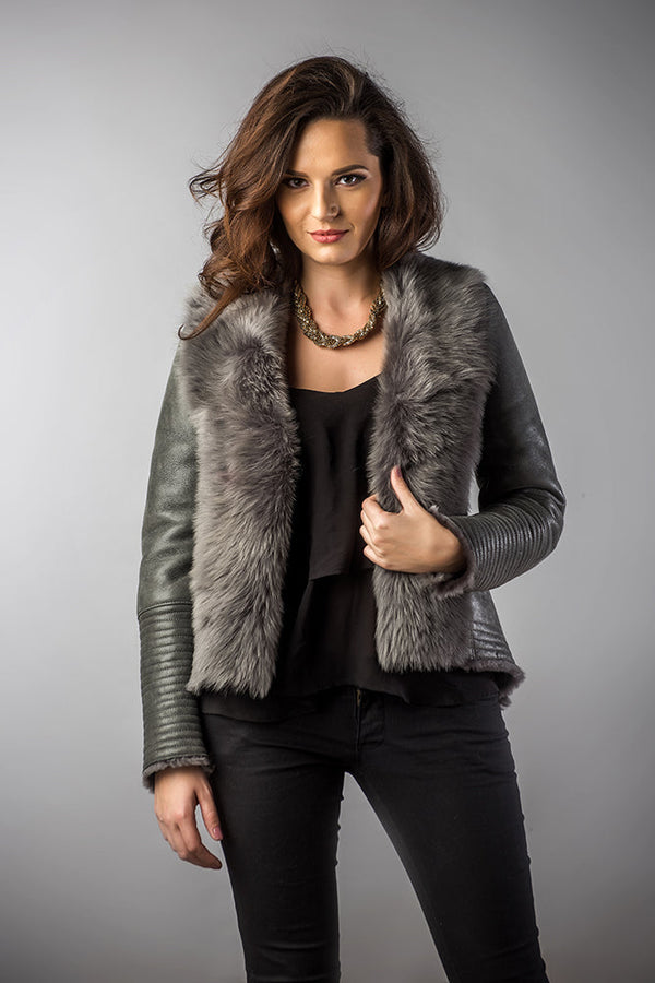 Gray Lamb Nappa Leather Jacket with Merino Fur Collar by Buy Me Fur Ltd