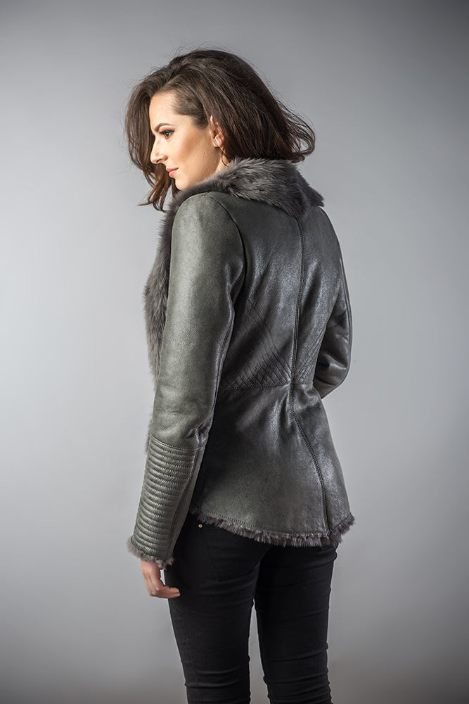 Gray Lamb Nappa Leather Jacket with Merino Fur Collar by Buy Me Fur Ltd