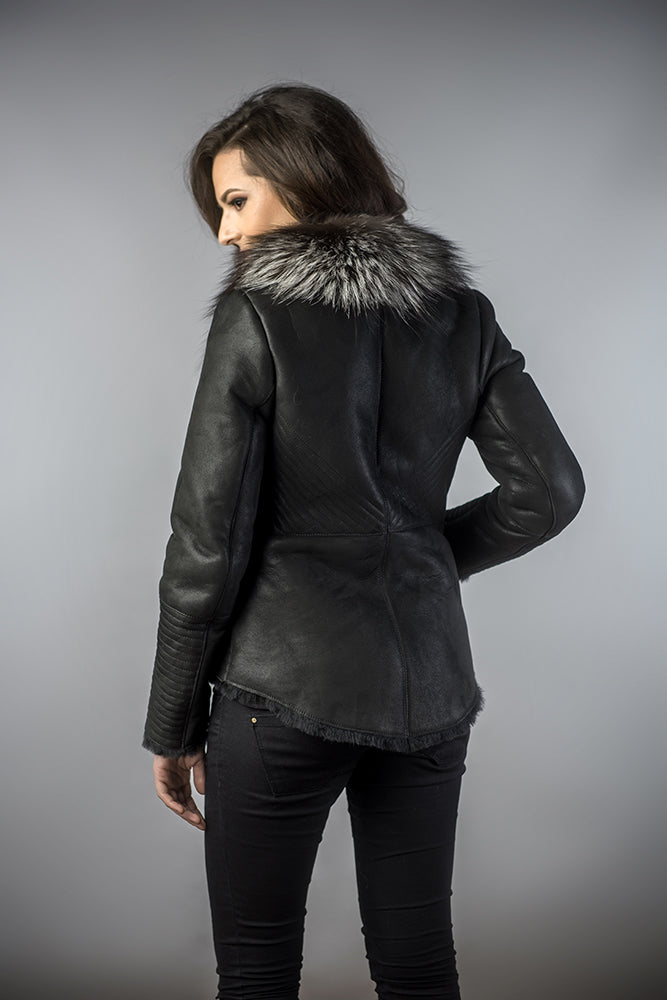 Black Merino Shearling Jacket with Arctic Fox Fur Collar by Buy Me Fur Ltd